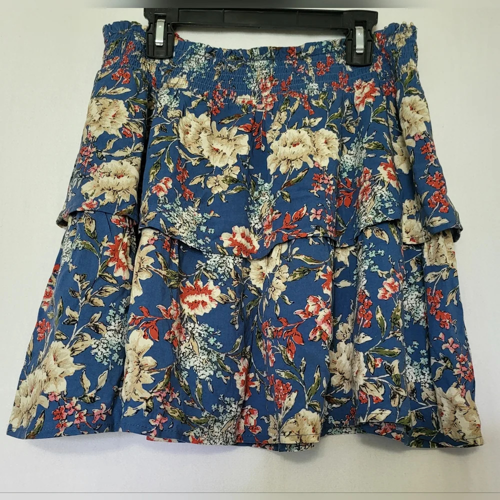 City Vibe Juniors Antique Blue Floral‎ Smocked Waist Tiered Boho Skirt M